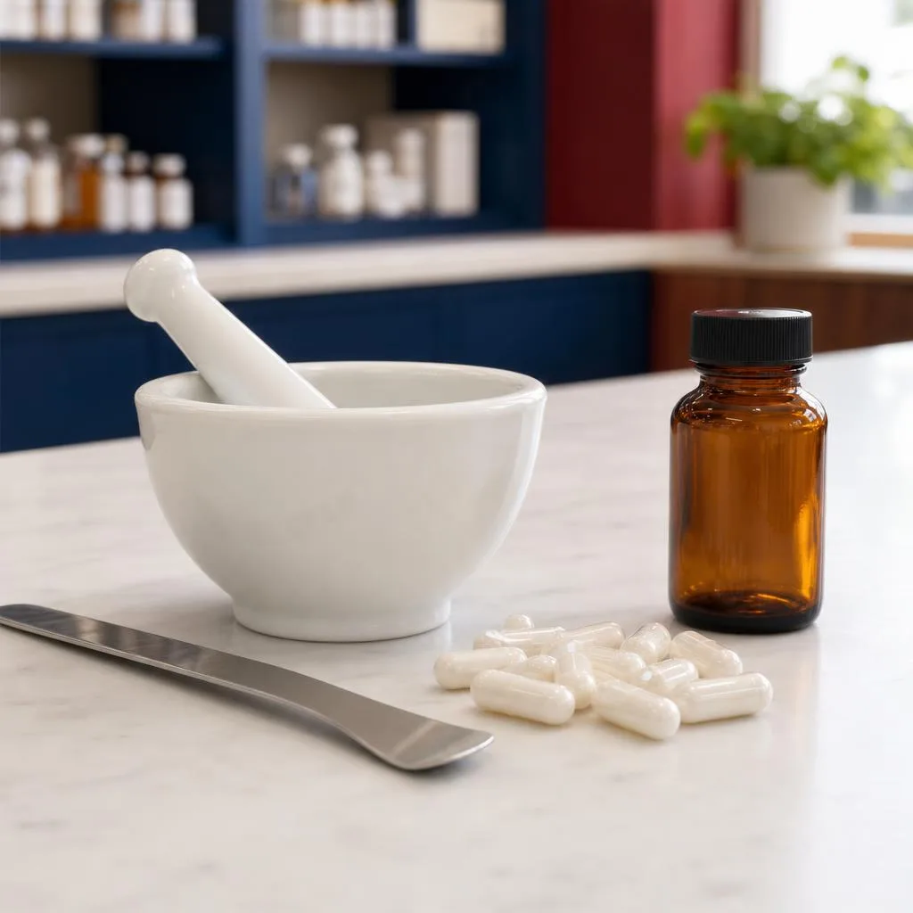 Mortar, pestle, capsules, and compounding tools on a pharmacy work surface