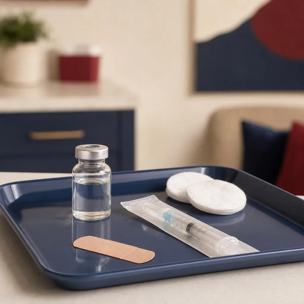 Vaccine vial, capped syringe, bandage, and cotton pads on a medical tray