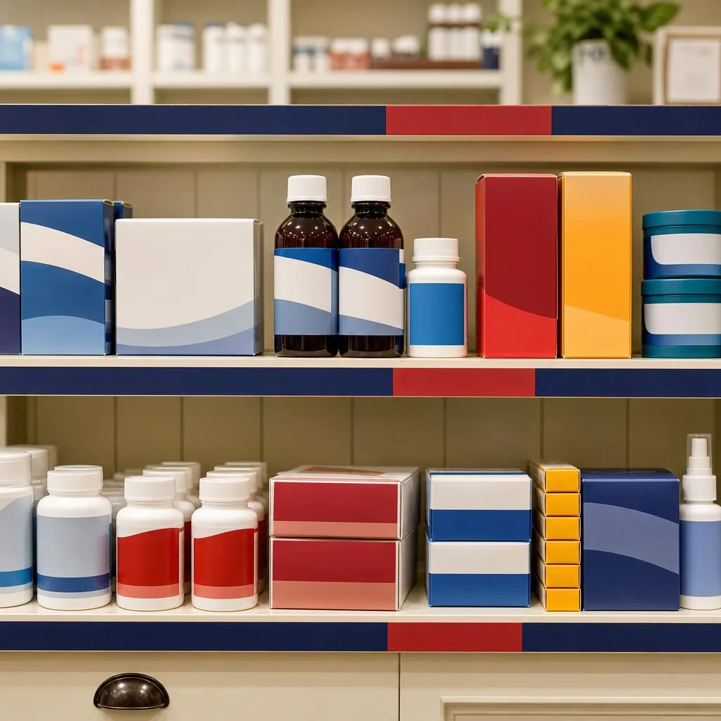 Generic over-the-counter healthcare products arranged on a pharmacy shelf