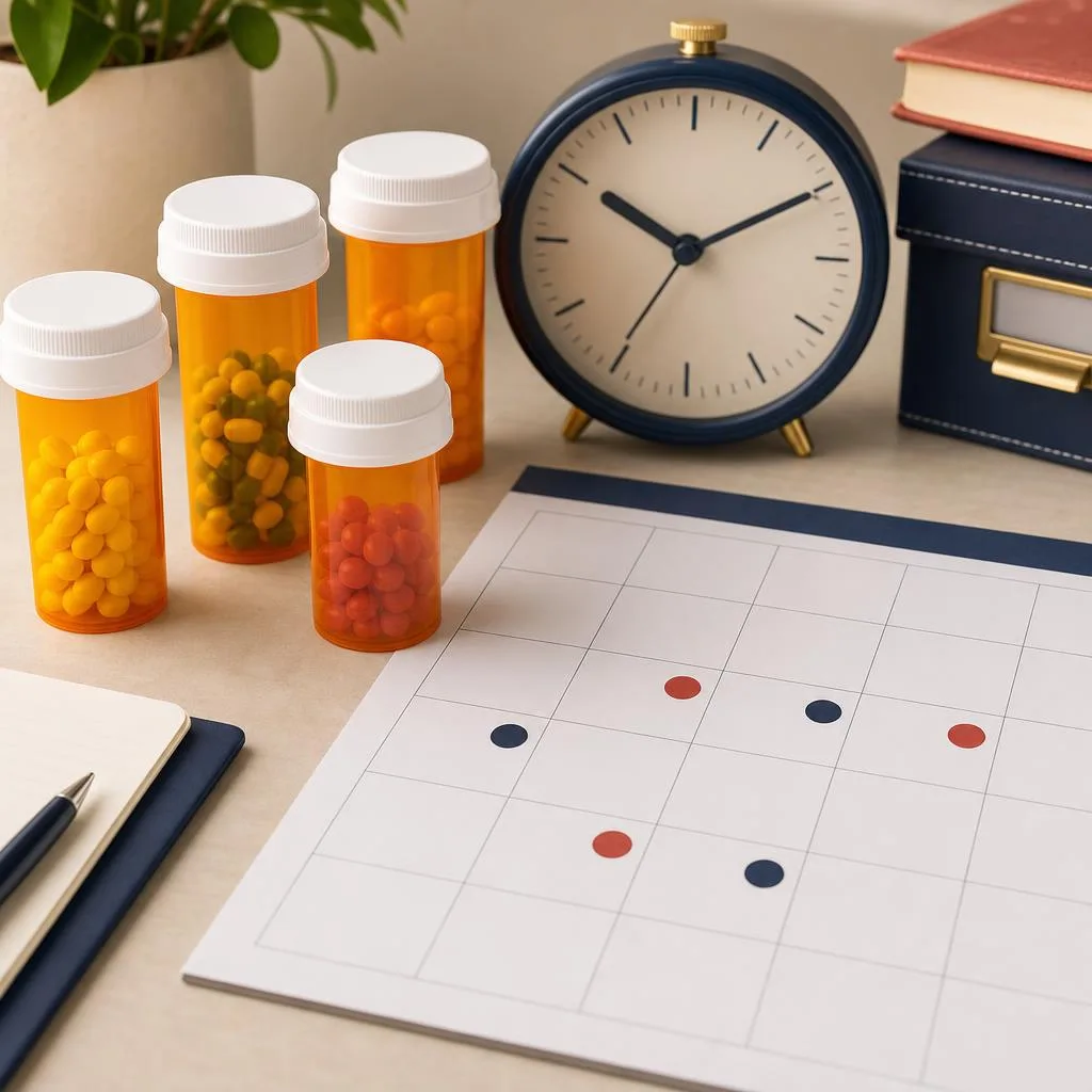 Prescription bottles arranged beside a calendar and clock for coordinated refill timing