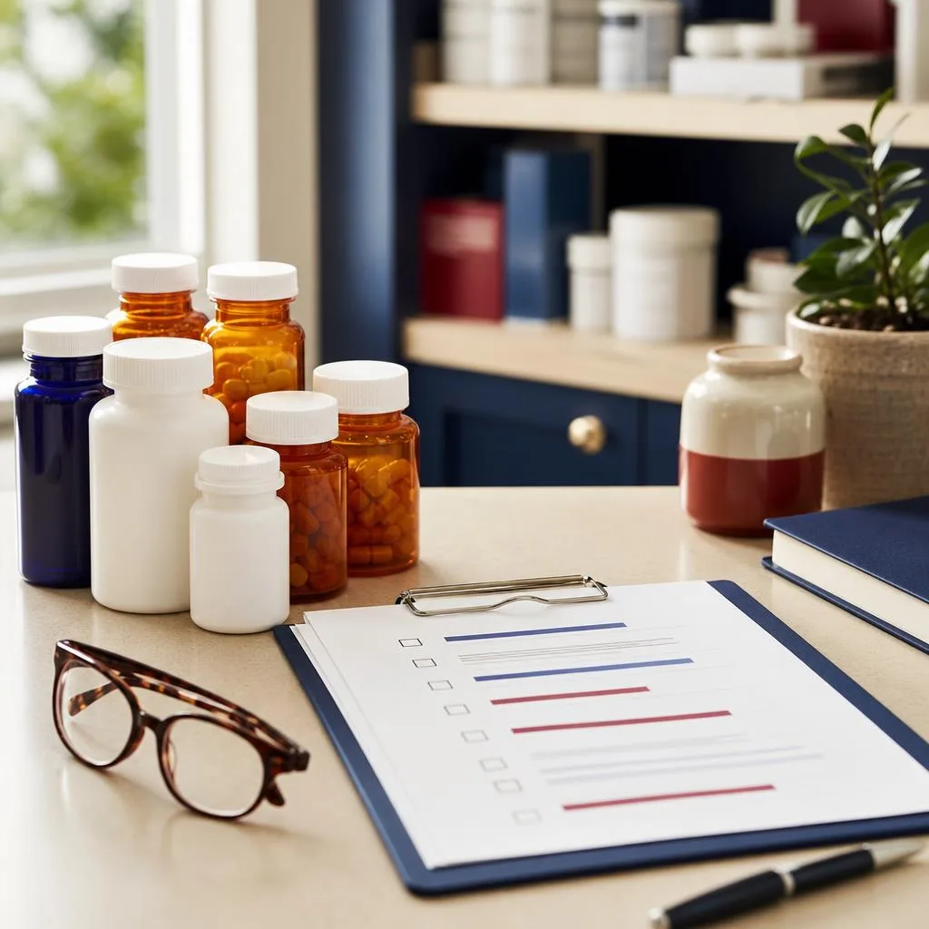 Medication bottles, checklist, reading glasses, and pen prepared for a medication review