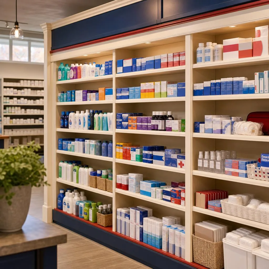 Organized pharmacy aisle stocked with over-the-counter health products