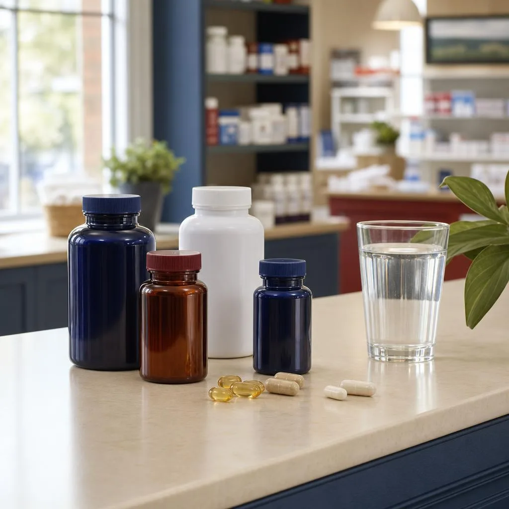 Vitamin and supplement bottles with capsules and a glass of water